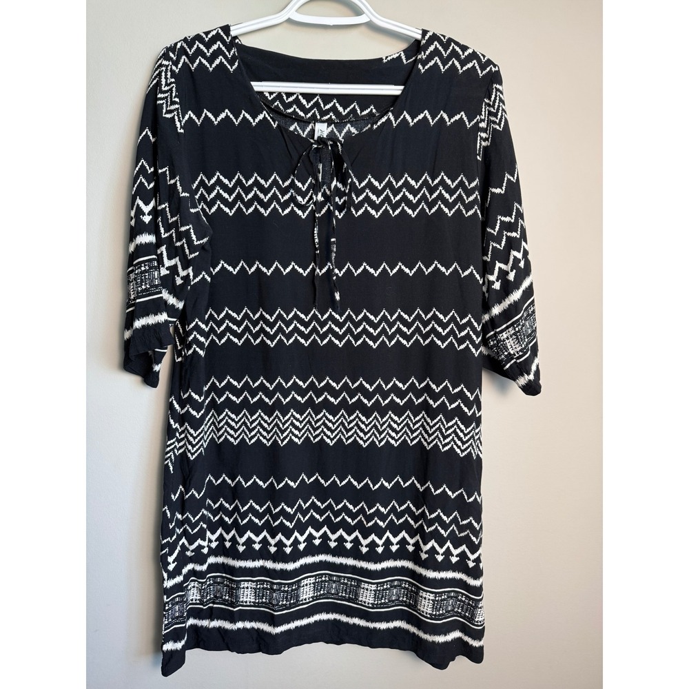 H&C Black White Chevron Zig Zag Boho Shift Dress Medium Bohemian Tribal Festival